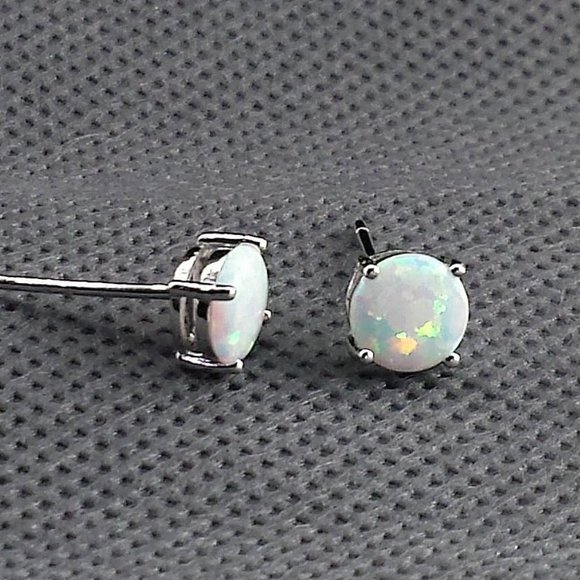 Lab Opal Stud Earrings Sterling Silver - Picture 3 of 4